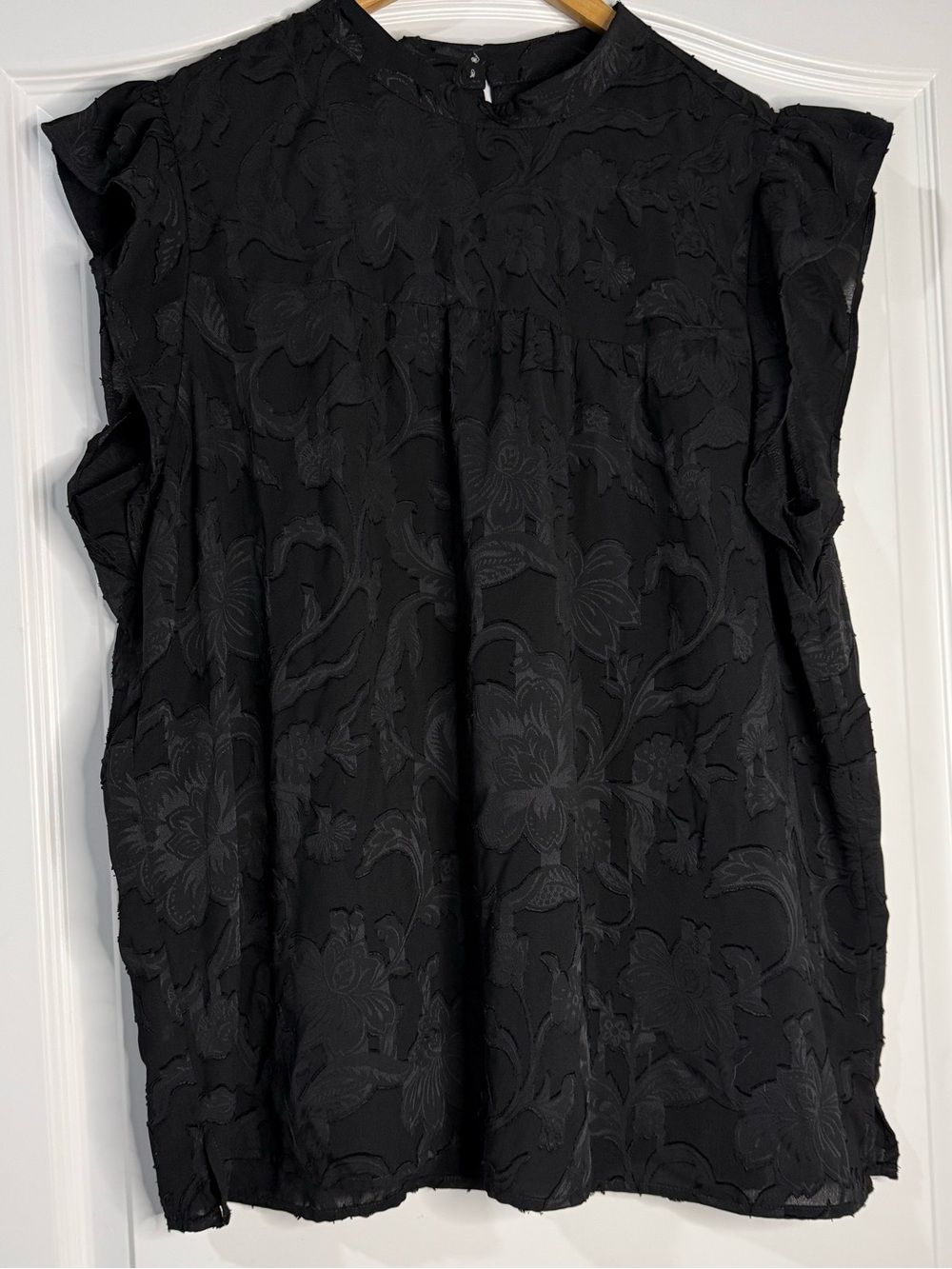 LOFT Black Floral Jacquard Ruffle-Sleeve Blouse